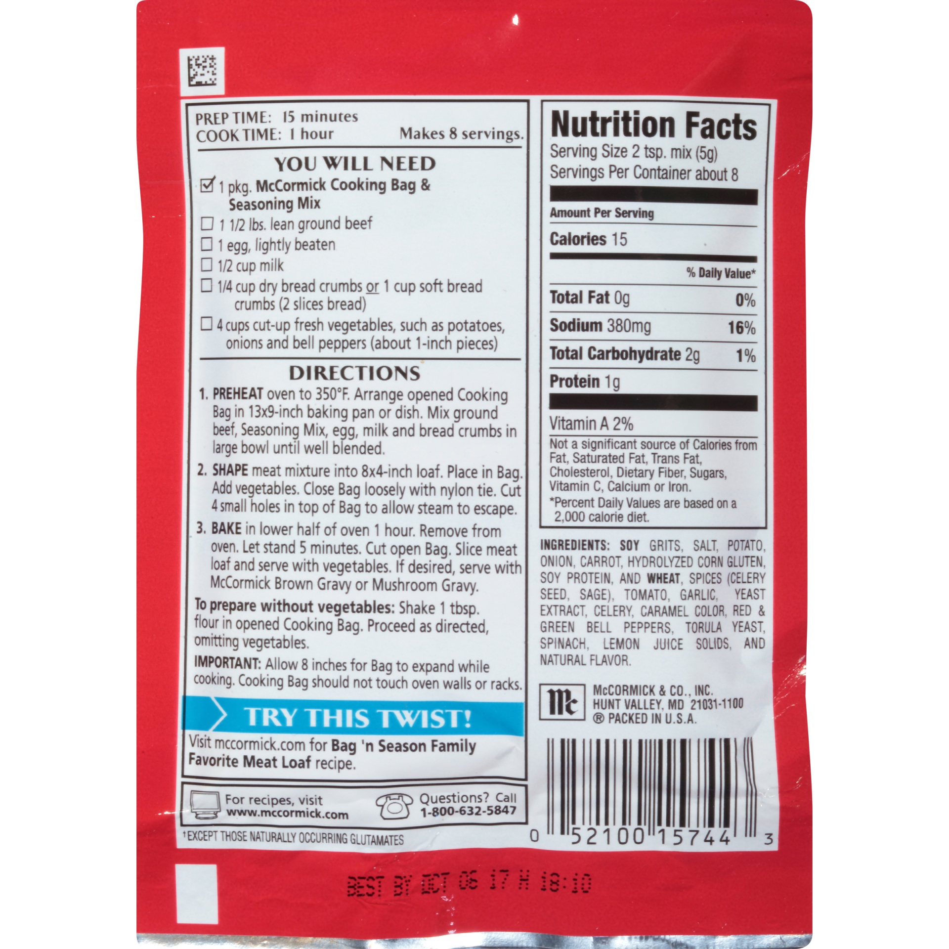 slide 6 of 6, McCormick Cooking Bag & Seasoning Mix, Meat Loaf, 1.37 oz