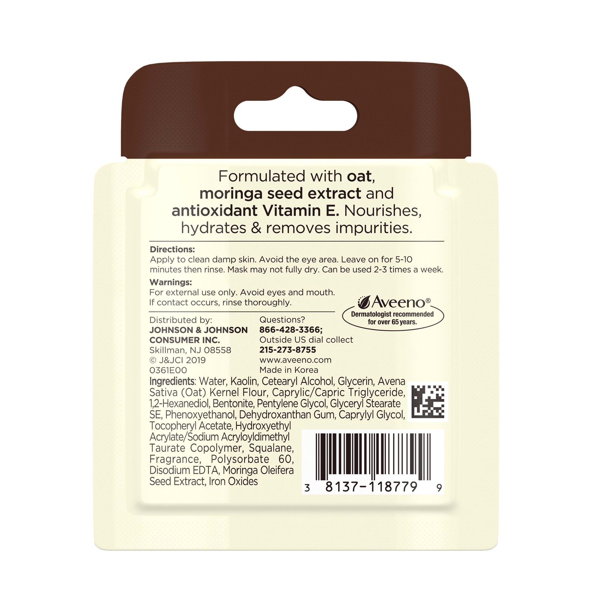 slide 5 of 5, Aveeno Oat Face Mask with Detoxifying Moringa Seed Extract and Vitamin E Antioxidant, to Remove Skin Impurities, Paraben Free, Phthalate-Free, Single Use Travel Size,.35 oz, 0.35 oz