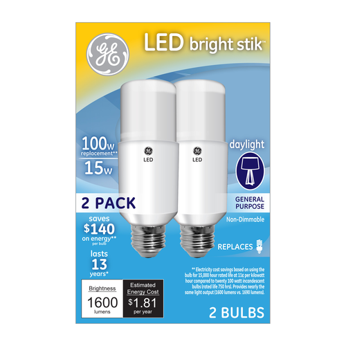 slide 1 of 1, GE LED 100Watt Bright Stick Light Bulb - Daylight, 2 ct