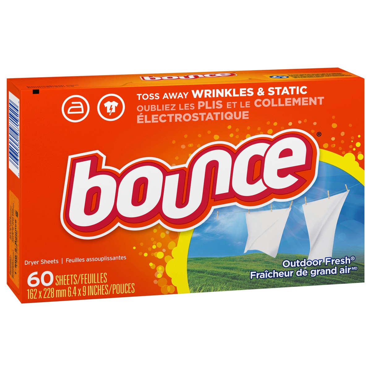slide 4 of 6, Bounce Dryer Sheets, 60 count, Outdoor Fresh Scent, Fabric Softener Sheets, Reduces Static, Softens and Fights Wrinkles, 60 ct