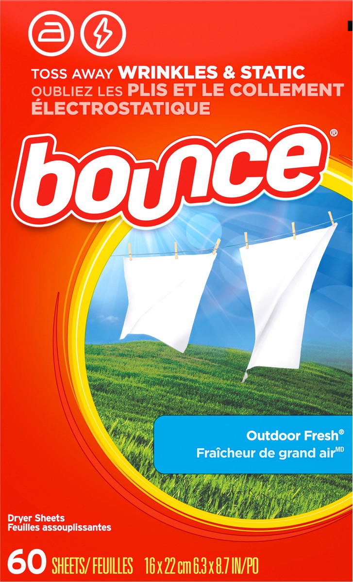 slide 5 of 6, Bounce Dryer Sheets, 60 count, Outdoor Fresh Scent, Fabric Softener Sheets, Reduces Static, Softens and Fights Wrinkles, 60 ct