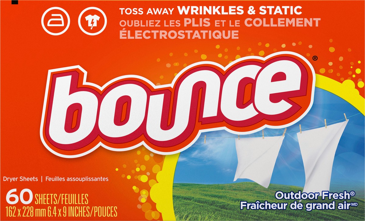 slide 3 of 6, Bounce Dryer Sheets, 60 count, Outdoor Fresh Scent, Fabric Softener Sheets, Reduces Static, Softens and Fights Wrinkles, 60 ct