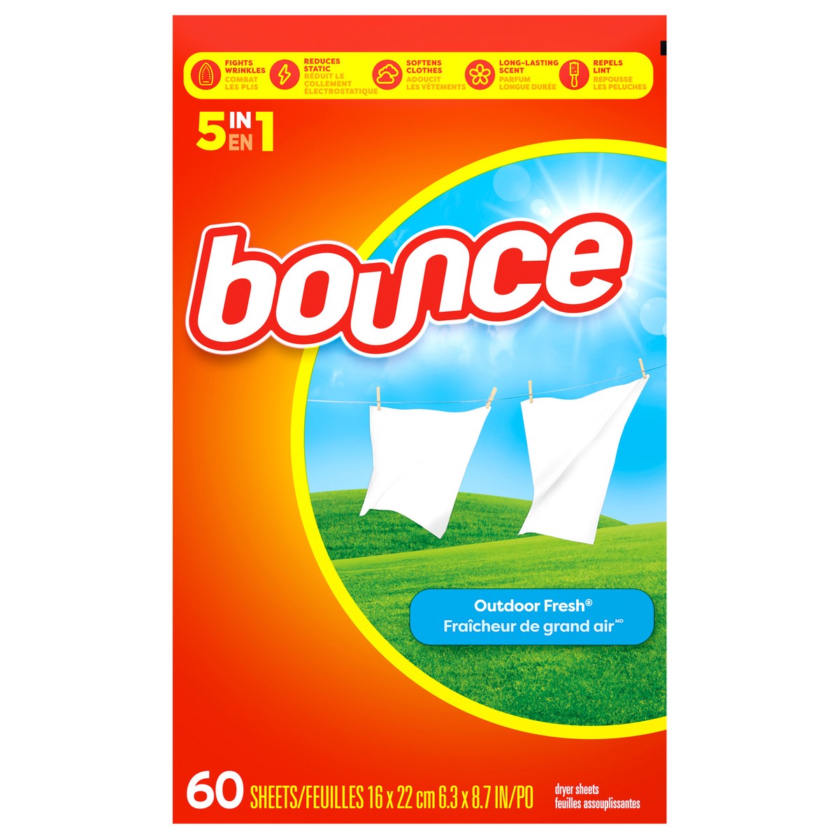 slide 1 of 6, Bounce Dryer Sheets, 60 count, Outdoor Fresh Scent, Fabric Softener Sheets, Reduces Static, Softens and Fights Wrinkles, 60 ct
