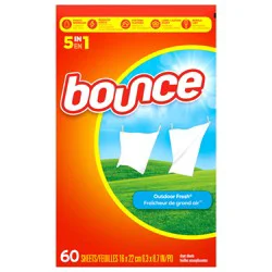 Bounce Dryer Sheets, 60 count, Outdoor Fresh Scent, Fabric Softener Sheets, Reduces Static, Softens and Fights Wrinkles