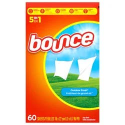 Bounce Dryer Sheets, 60 count, Outdoor Fresh Scent, Fabric Softener Sheets, Reduces Static, Softens and Fights Wrinkles