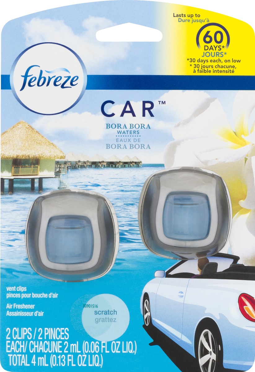 slide 3 of 8, Febreze Car Air Freshener Vent Clip, Bora Bora Waters, 2 Count, 0.13 fl oz