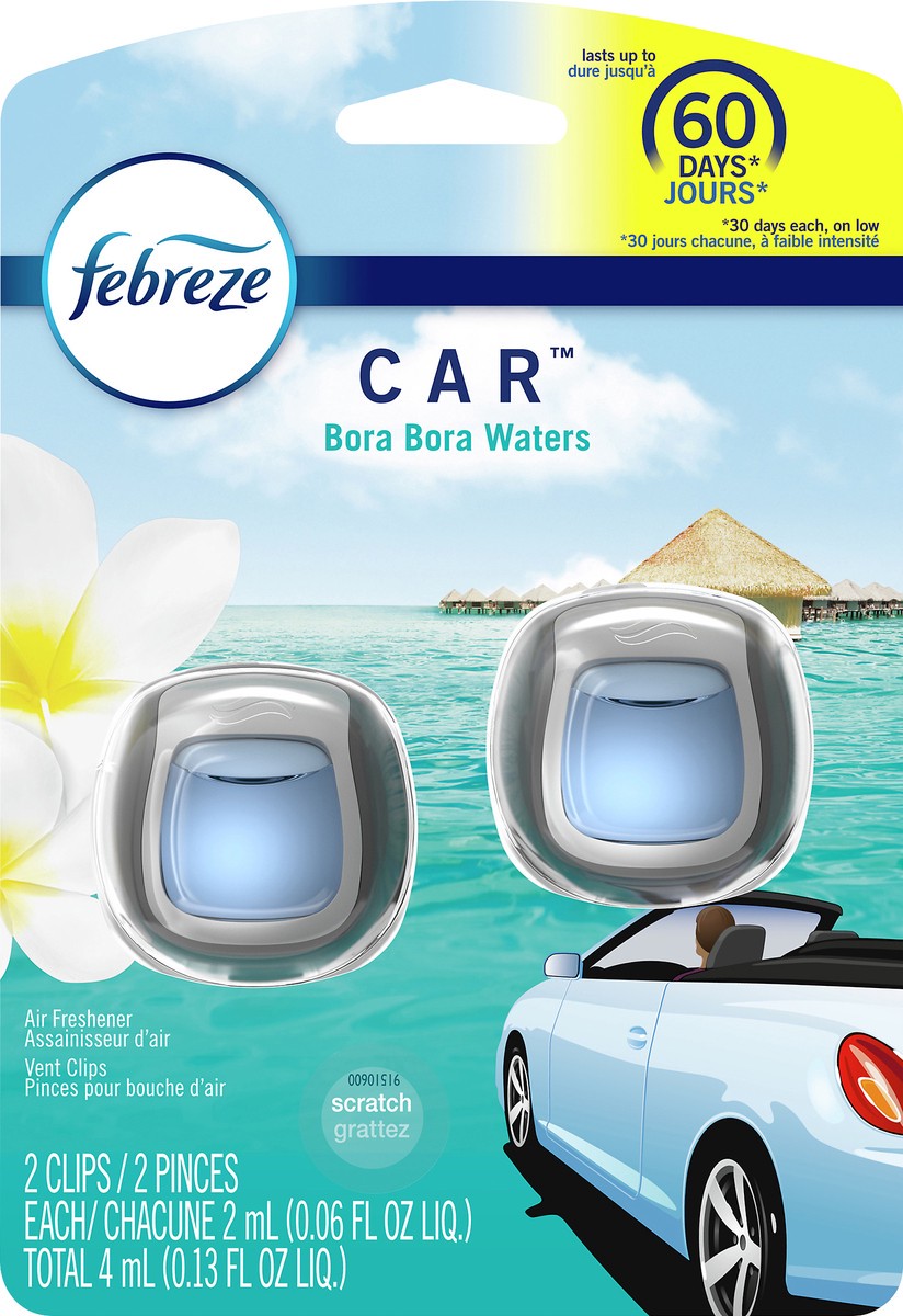 slide 1 of 8, Febreze Car Air Freshener Vent Clip, Bora Bora Waters, 2 Count, 0.13 fl oz