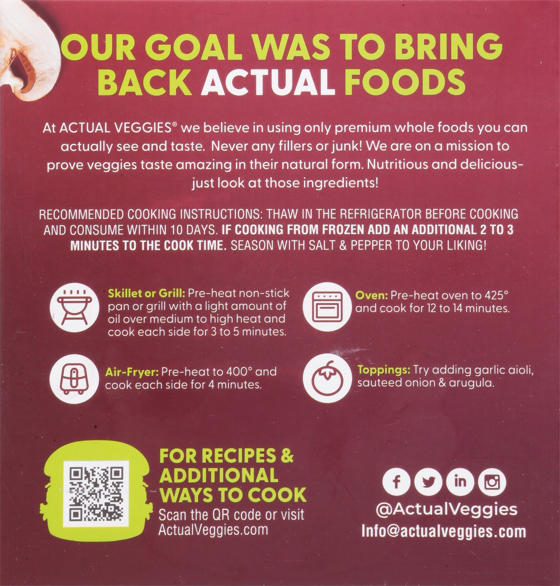 slide 4 of 12, Actual Veggies Mushroom Quinoa Veggie Burger with Shiitake Mushroom, Spinach & Black Bean 4 - 3 oz Each, 4 ct