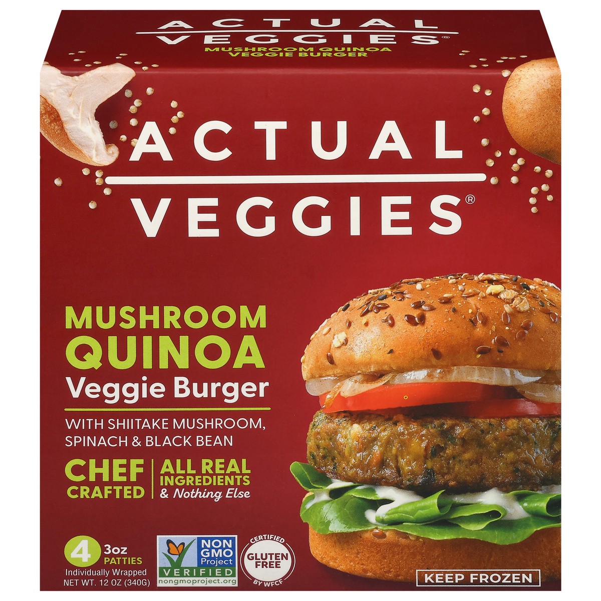 slide 1 of 12, Actual Veggies Mushroom Quinoa Veggie Burger with Shiitake Mushroom, Spinach & Black Bean 4 - 3 oz Each, 4 ct