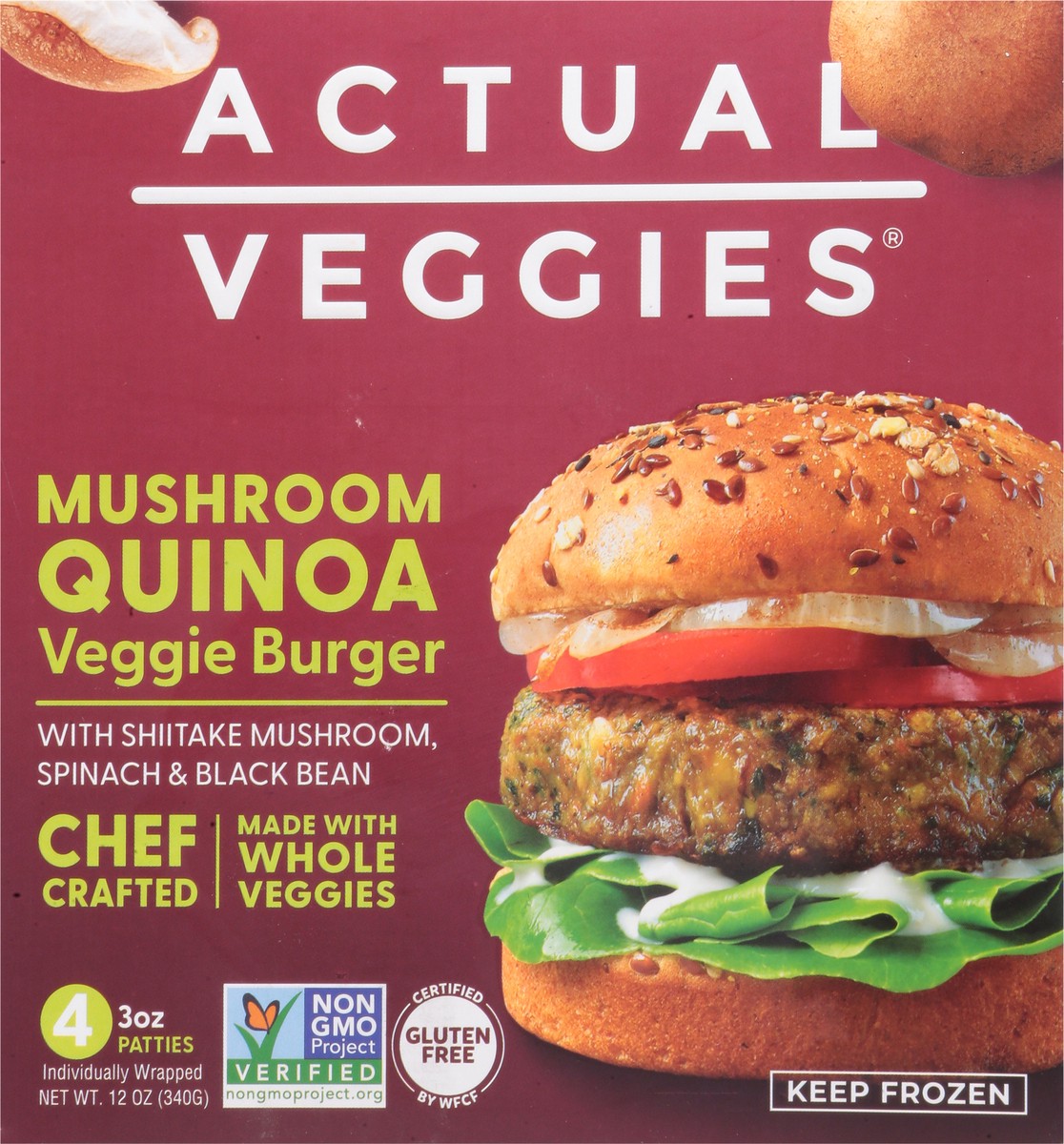 slide 9 of 12, Actual Veggies Mushroom Quinoa Veggie Burger with Shiitake Mushroom, Spinach & Black Bean 4 - 3 oz Each, 4 ct
