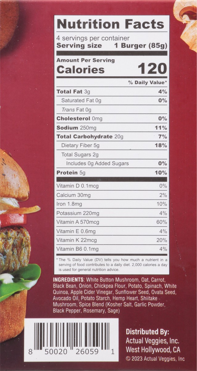 slide 10 of 12, Actual Veggies Mushroom Quinoa Veggie Burger with Shiitake Mushroom, Spinach & Black Bean 4 - 3 oz Each, 4 ct