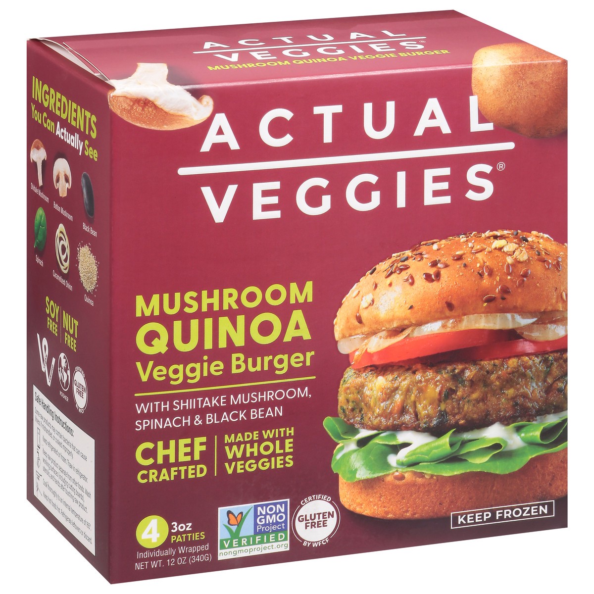 slide 6 of 12, Actual Veggies Mushroom Quinoa Veggie Burger with Shiitake Mushroom, Spinach & Black Bean 4 - 3 oz Each, 4 ct