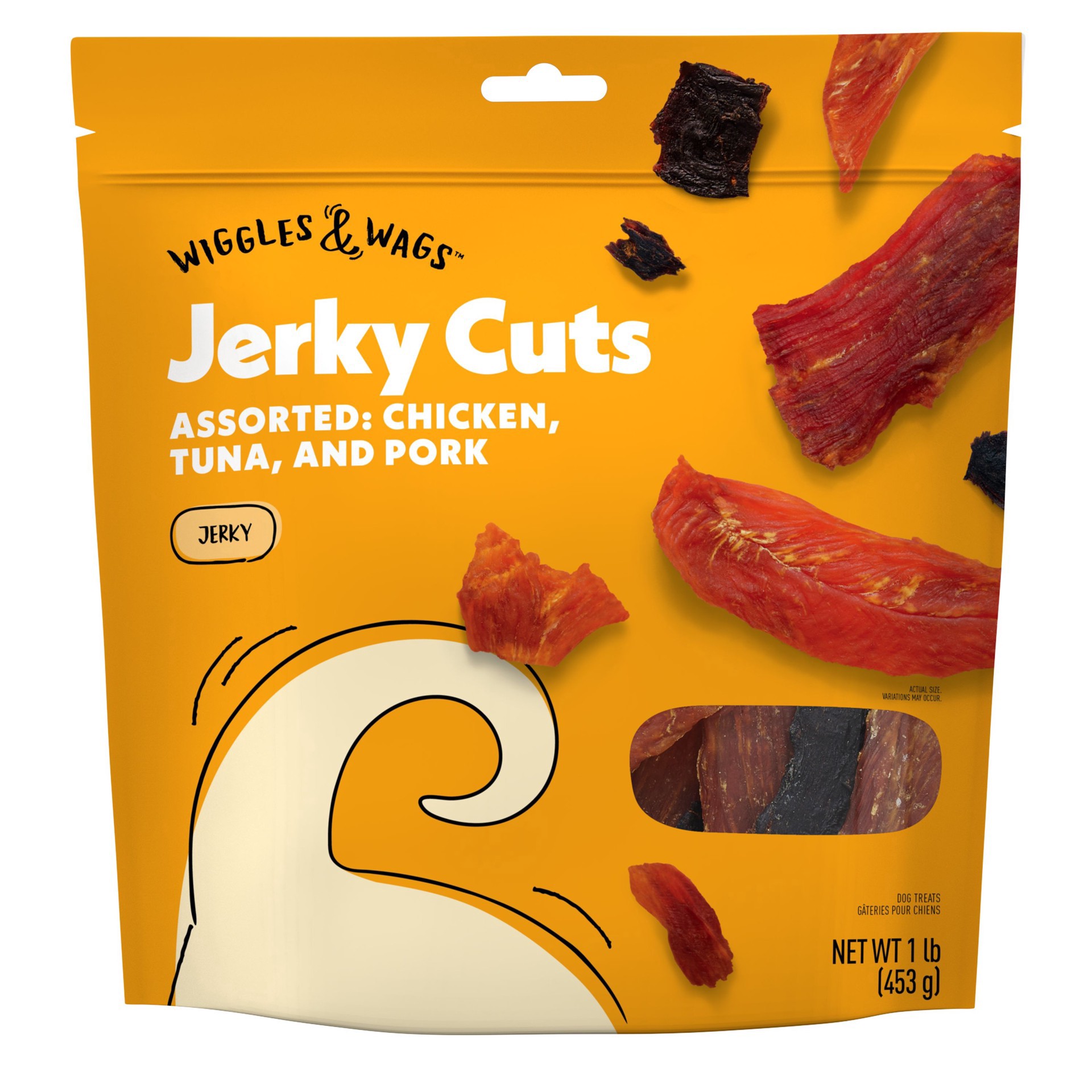 slide 1 of 1, Wiggles & Wags Chicken, Tuna & Pork Jerky Cuts Dog Treats 16 Oz, 16 oz