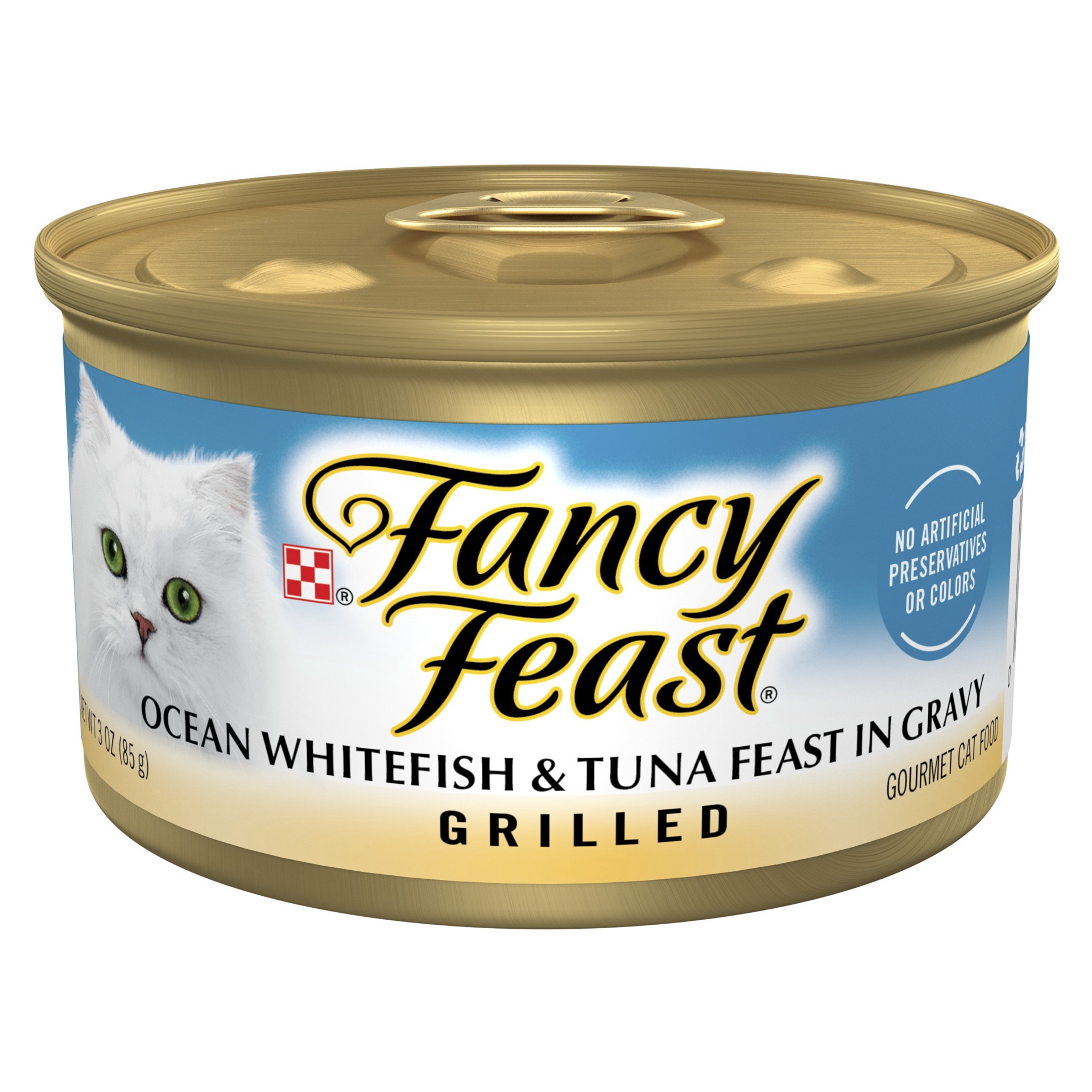 slide 1 of 9, Fancy Feast Purina Fancy Feast Grilled Ocean Whitefish & Tuna Feast in Gravy Cat Food, 3 oz