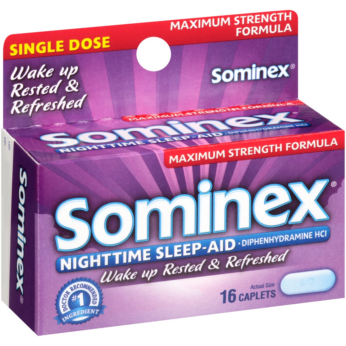 slide 6 of 10, Sominex Nighttime Sleep-Aid with Diphenhydramine HCl 50 mg | Maximum Strength Formula | 16 Tablets, 16 ct