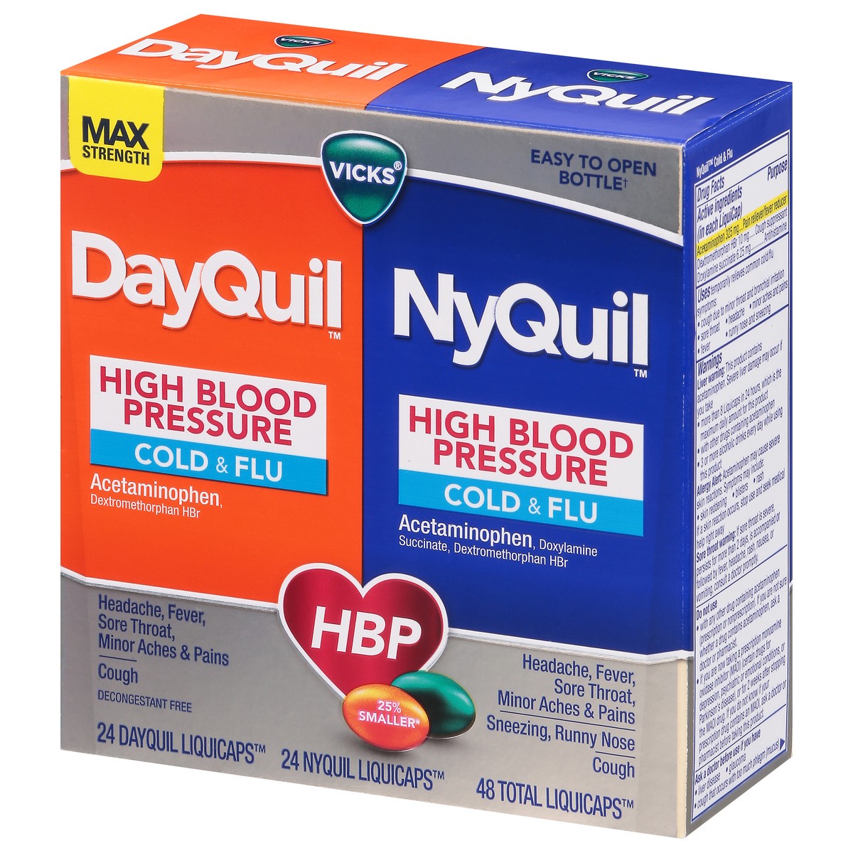 slide 2 of 12, Vicks High Blood Pressure Dayquil/Nyquil Max Strength Cold & Flu 48 Liquicaps, 48 ct