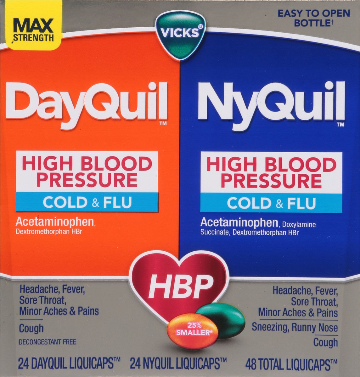 slide 9 of 12, Vicks High Blood Pressure Dayquil/Nyquil Max Strength Cold & Flu 48 Liquicaps, 48 ct