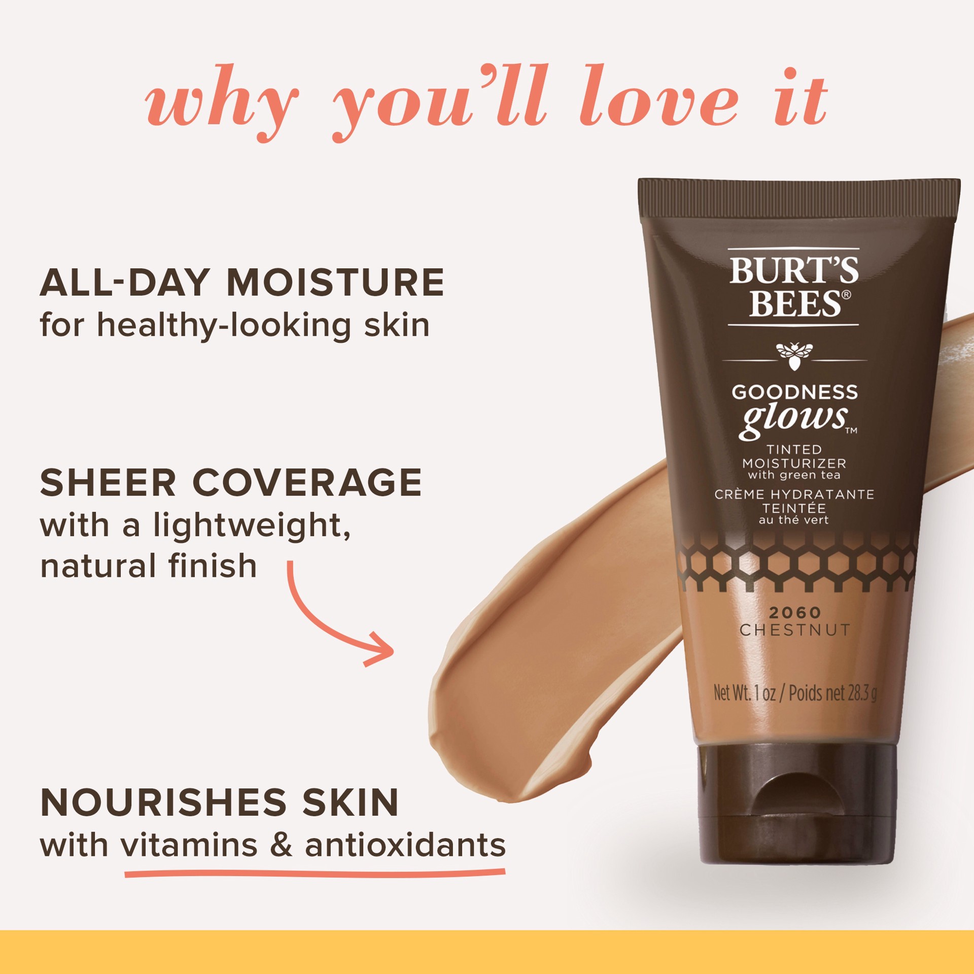 slide 5 of 5, Burt's Bees Goodness Glows™ Tinted Moisturizer, Rich in Antioxidants, Chestnut – 1.0 Ounce, 1 oz