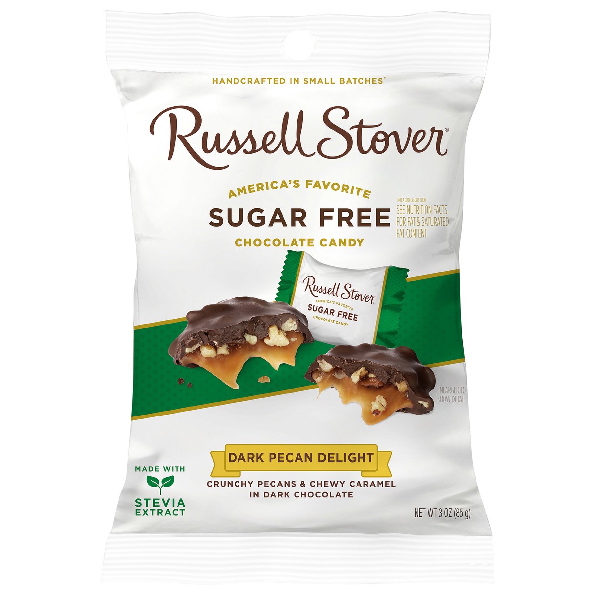 slide 1 of 3, RUSSELL STOVER Sugar Free Pecan Delight Dark Chocolate Candy, 3 oz. bag (˜ 5 pieces), 3 oz