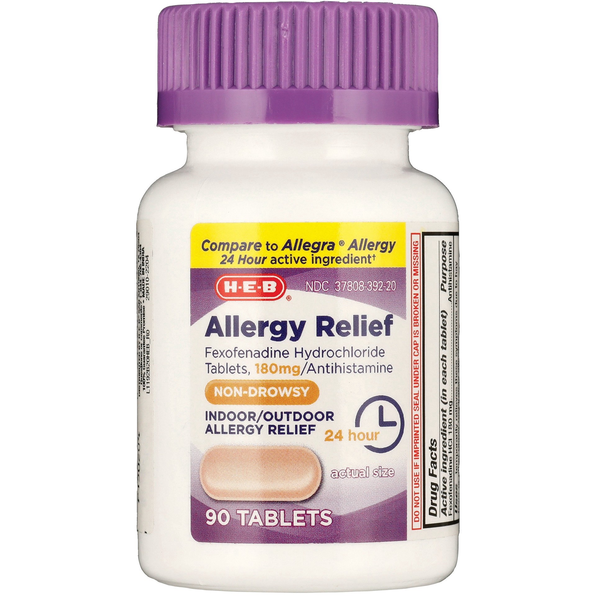 slide 1 of 1, H-E-B Allergy Relief Fexofenadine 24 Hour Tablets - 180 mg, 90 ct