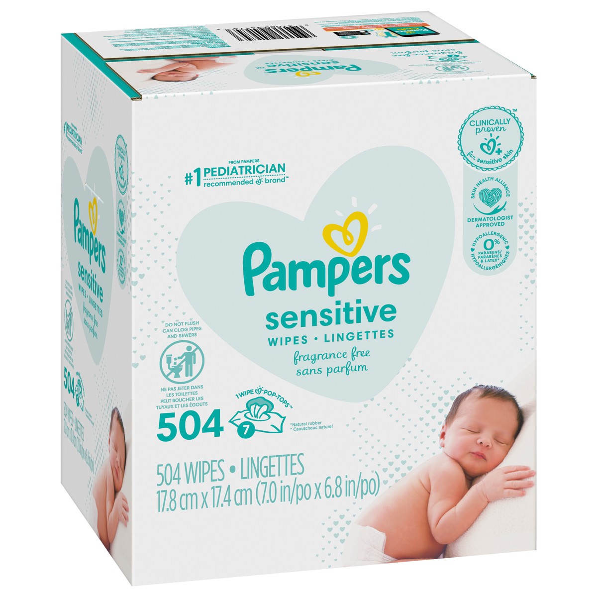 slide 4 of 4, Pampers Baby Wipes Pampers Sensitive, Clinically Proven, Fragrance Free, Water Based, Hypoallergenic Baby Wipes, 504 Baby Wipes Total (6X Flip-Top Packs), 7 ct