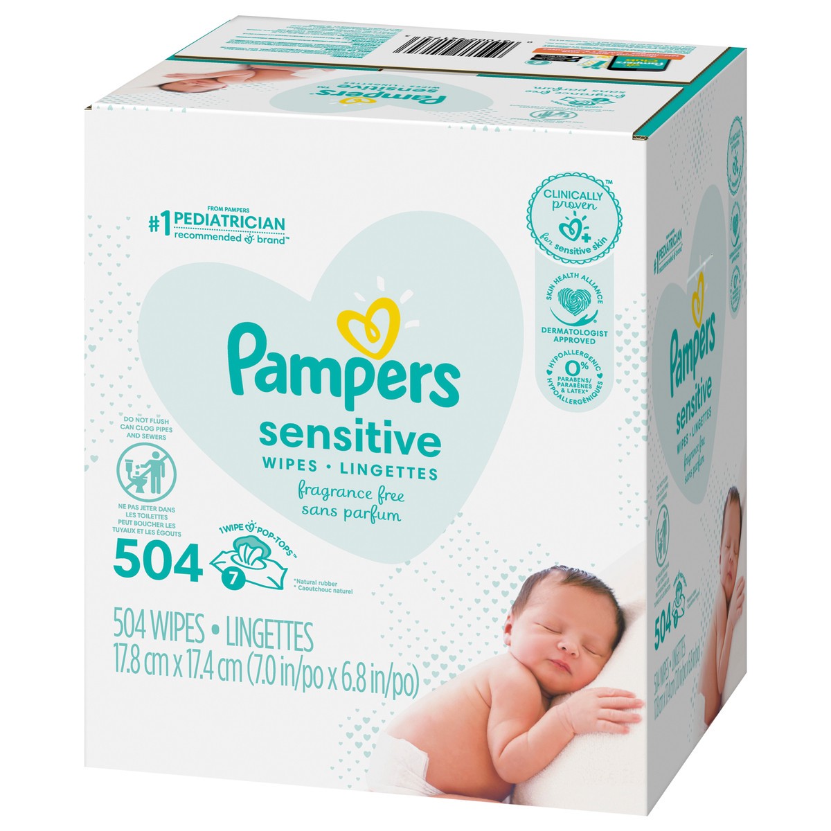 slide 3 of 4, Pampers Baby Wipes Pampers Sensitive, Clinically Proven, Fragrance Free, Water Based, Hypoallergenic Baby Wipes, 504 Baby Wipes Total (6X Flip-Top Packs), 7 ct
