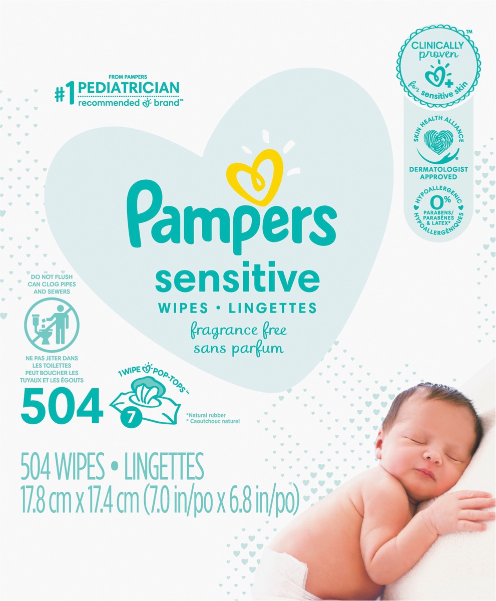 slide 2 of 4, Pampers Baby Wipes Pampers Sensitive, Clinically Proven, Fragrance Free, Water Based, Hypoallergenic Baby Wipes, 504 Baby Wipes Total (6X Flip-Top Packs), 7 ct