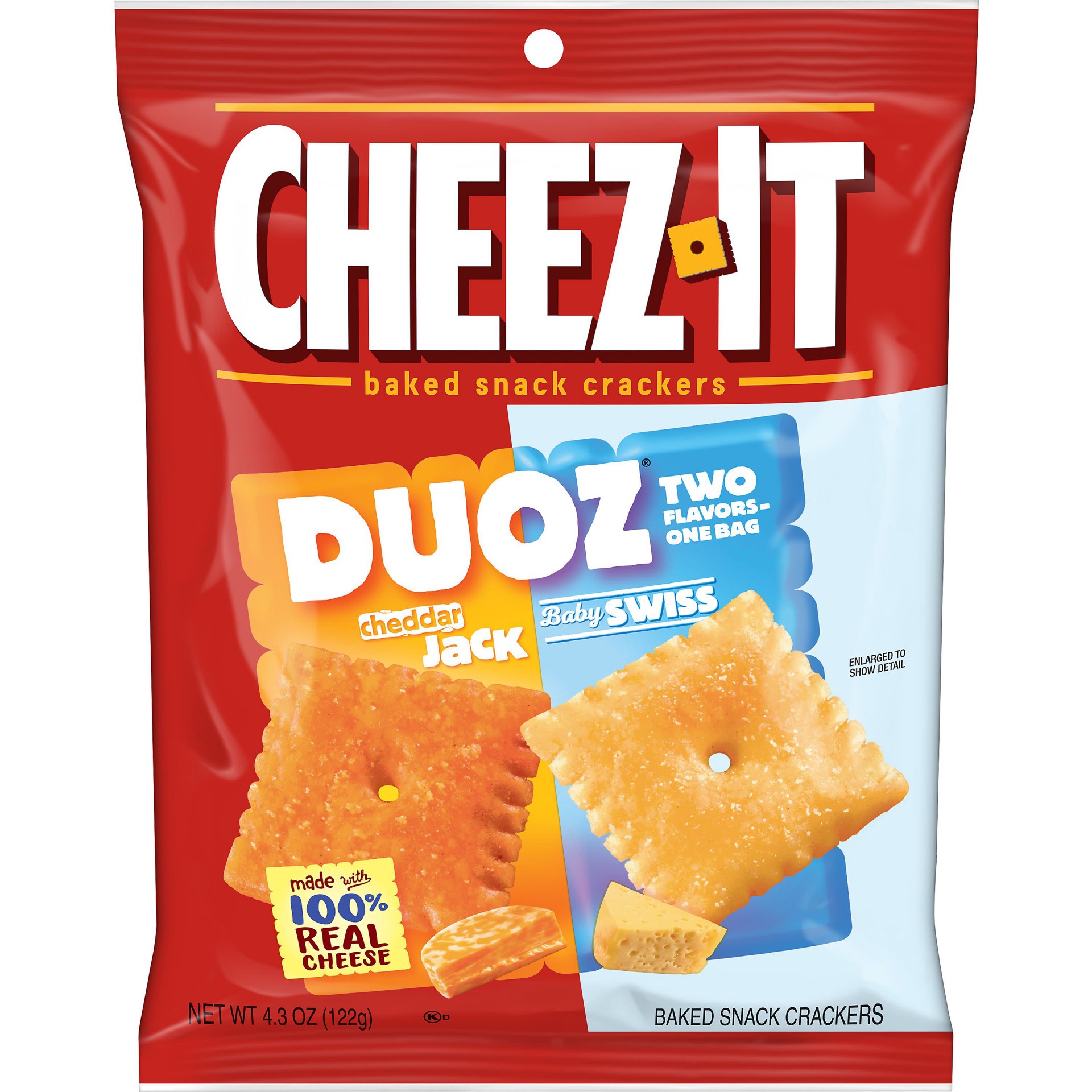 slide 1 of 5, Cheez-It DUOZ Crackers, Baked Snack Crackers, Office and Kids Snacks, Cheddar Jack and Baby Swiss, 4.3oz Pouch, 1 Pouch, 4.3 oz