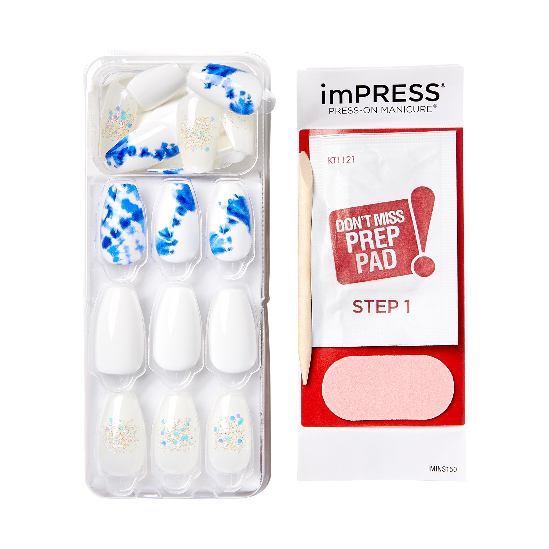 slide 4 of 5, imPRESS Press-On Nails, No Glue Needed, Blue & White, Medium Length, Coffin Shape, 33 Ct., 1 ct