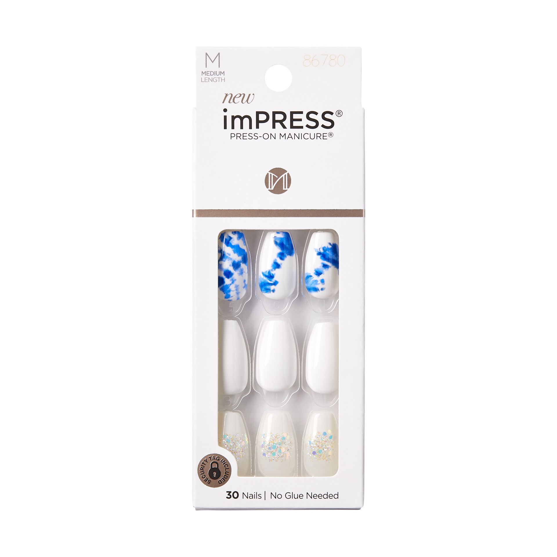 slide 1 of 5, imPRESS Press-On Nails, No Glue Needed, Blue & White, Medium Length, Coffin Shape, 33 Ct., 1 ct