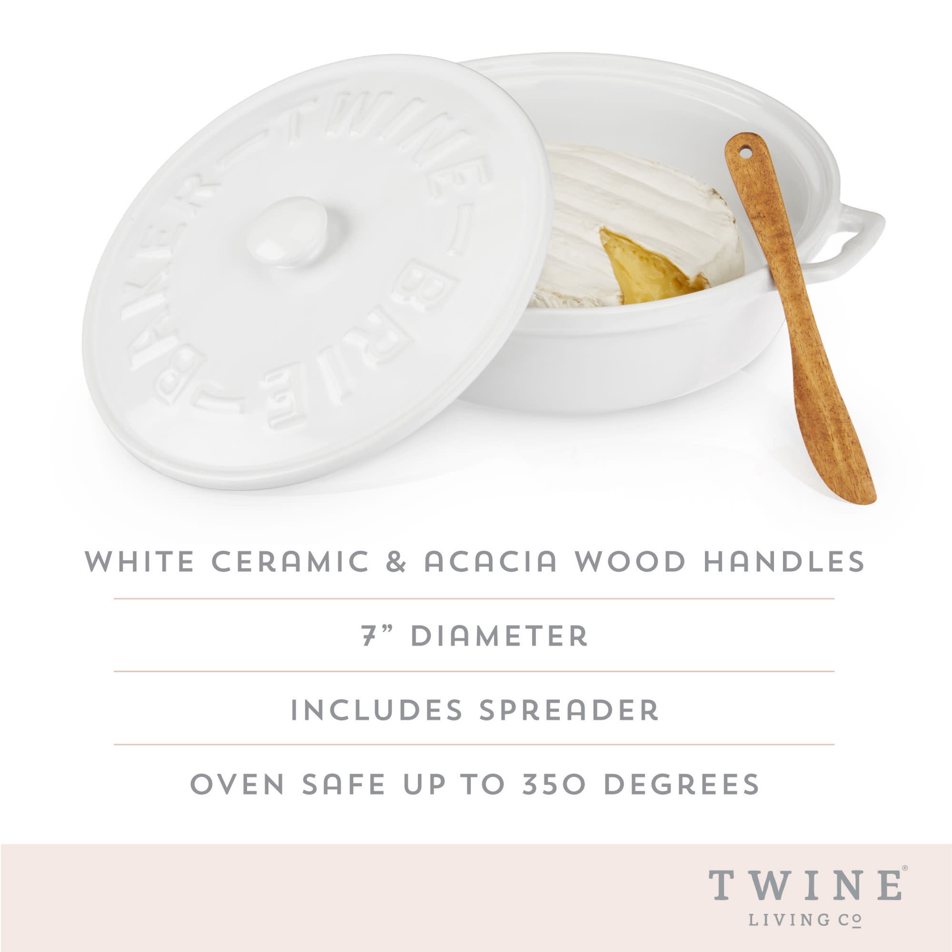 slide 5 of 5, Twine Ceramic Brie Baker with Wood Spreader, Brie Baker with Lid, Acacia Wood Spreader, White Ceramic, Set of 1, 1 ct