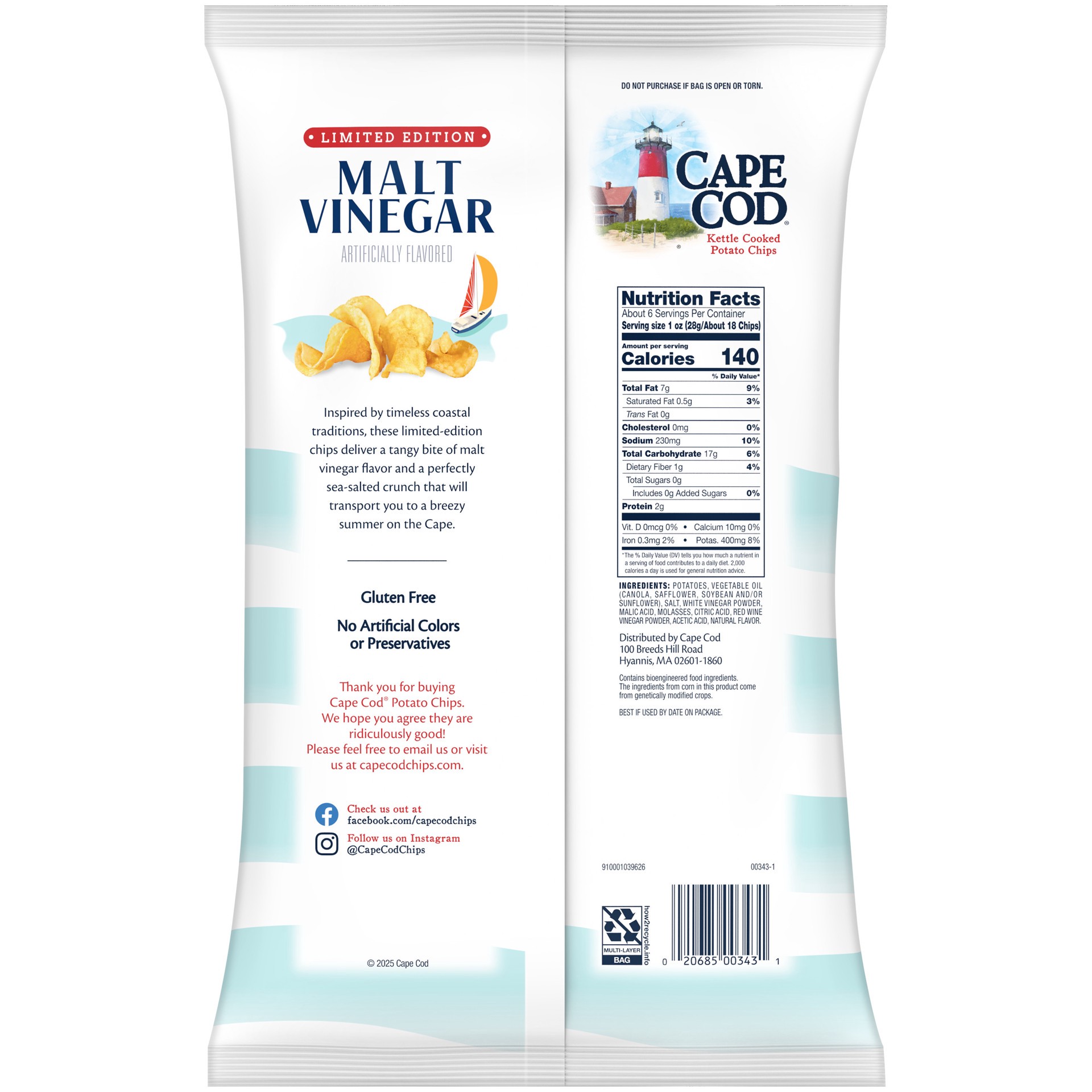 slide 2 of 6, Cape Cod Malt Vinegar Flavored Potato Chips, 6.5 Oz Bag, 6.5 oz