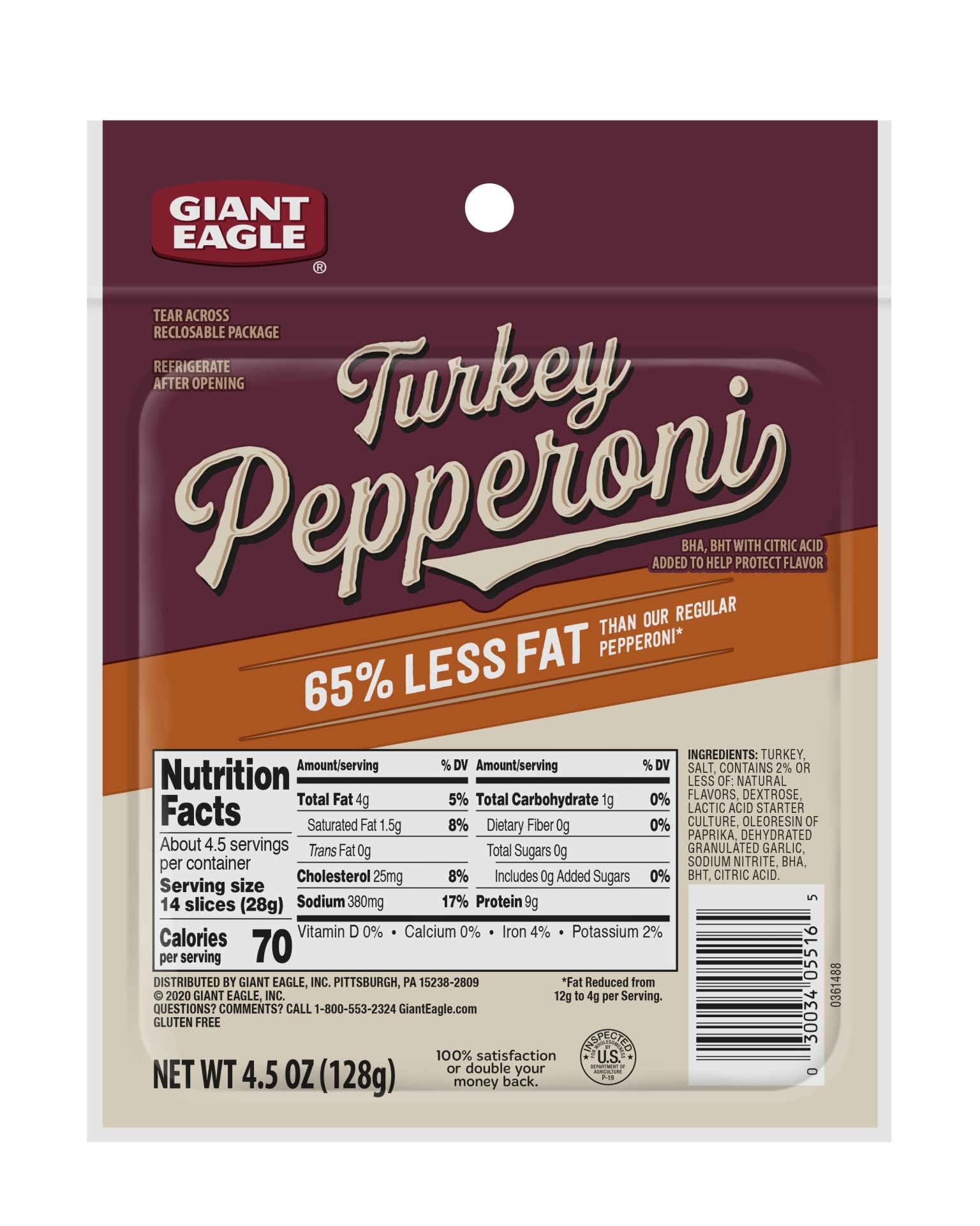 slide 1 of 1, Giant Eagle Sliced Turkey Pepperoni, Pillow Pack, 4.5 oz
