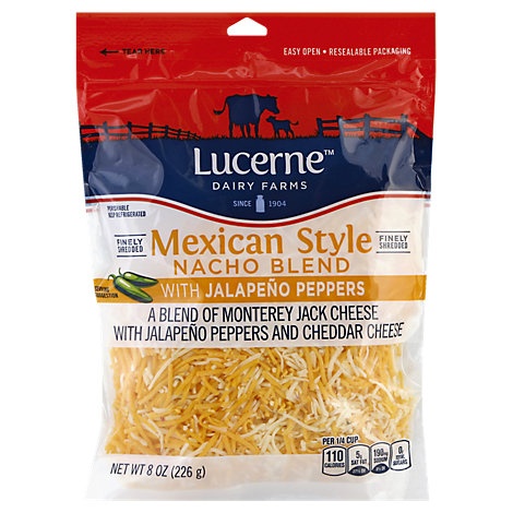 slide 1 of 1, Lucerne Dairy Farms Lucerne Cheese Finely Shredded Mexican Style Nacho Blend With Jalapeno Peppers, 8 oz