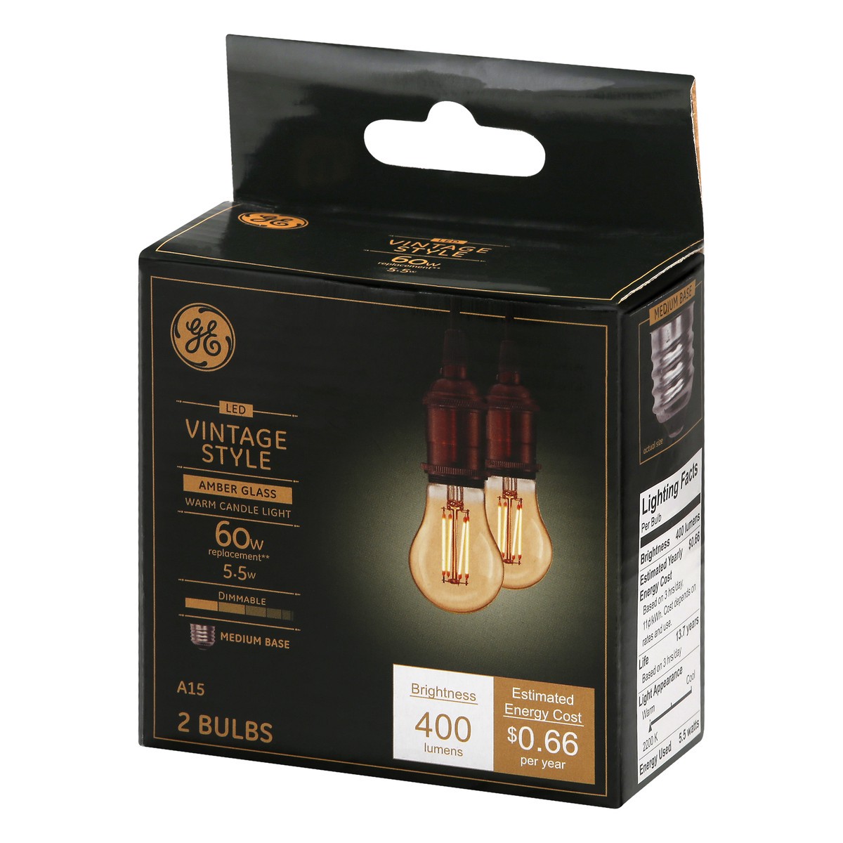 slide 6 of 8, GE LED Vintage Style Warm Candle Light Amber Glass 5.5 Watts Light Bulbs 2 ea, 2 ct
