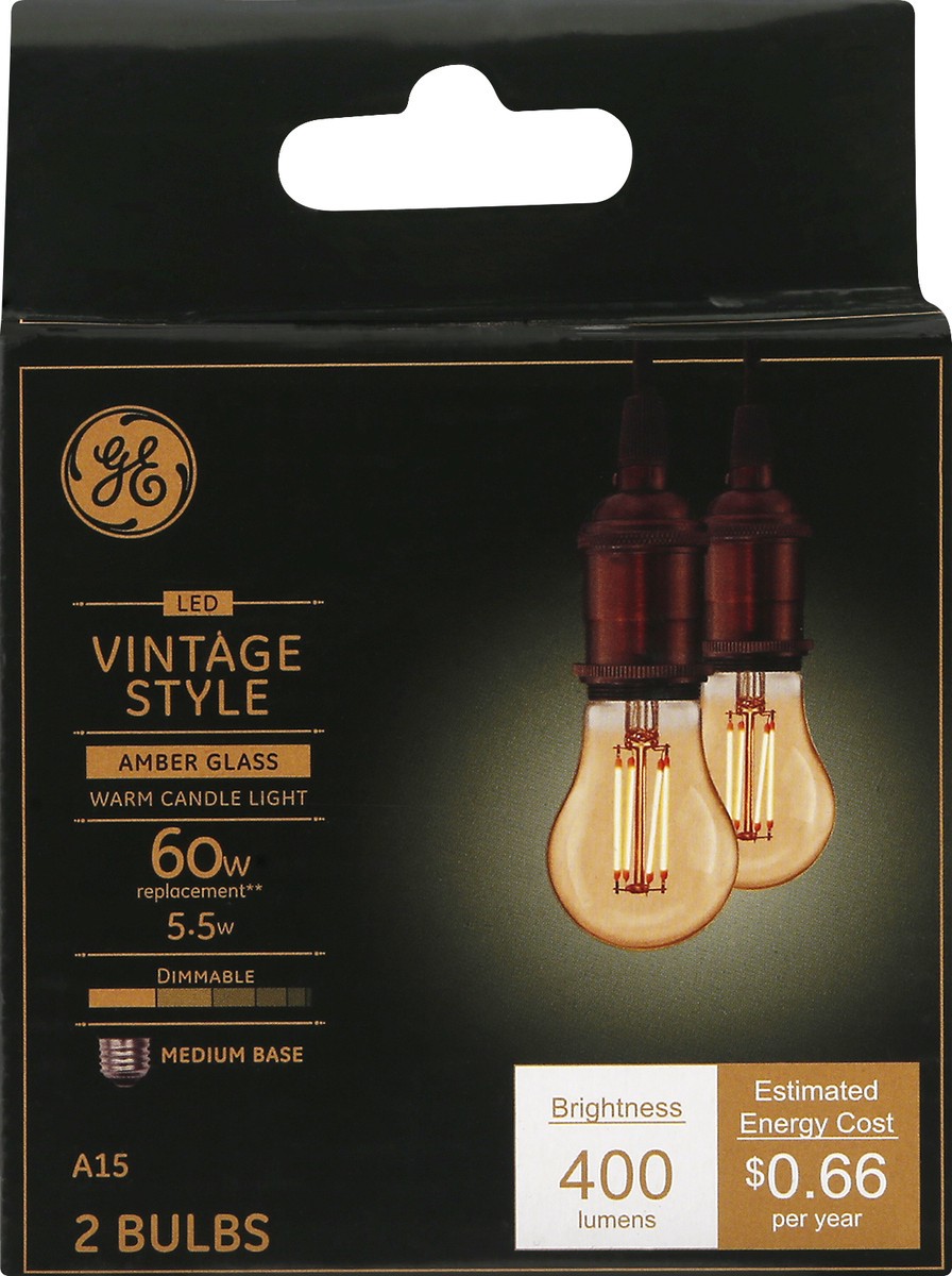slide 1 of 8, GE LED Vintage Style Warm Candle Light Amber Glass 5.5 Watts Light Bulbs 2 ea, 2 ct