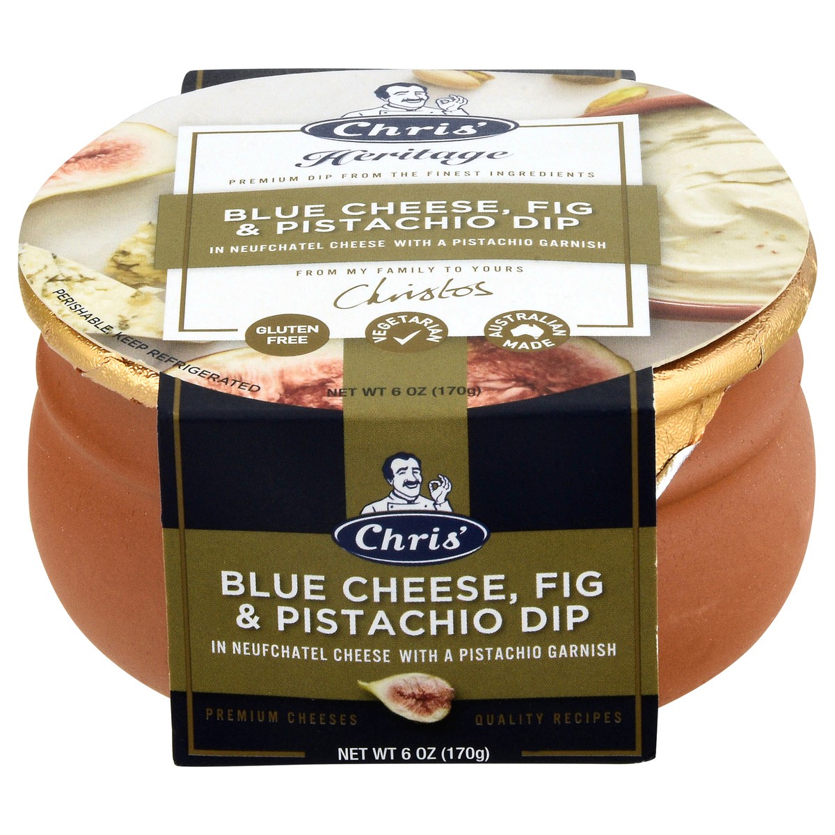 slide 1 of 14, Chris' Heritage Blue Cheese, Fig & Pistachio Dip 6 oz, 6 oz