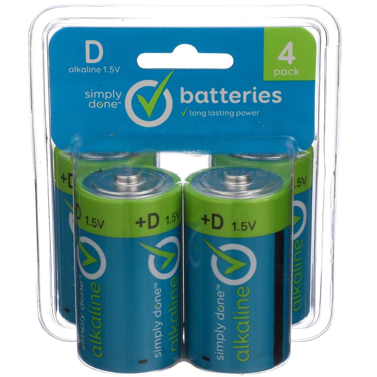 slide 1 of 1, Simply Done Batteries, Alkaline, D, 4 Pack, 4 ct