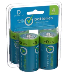 Simply Done Batteries, Alkaline, D, 4 Pack