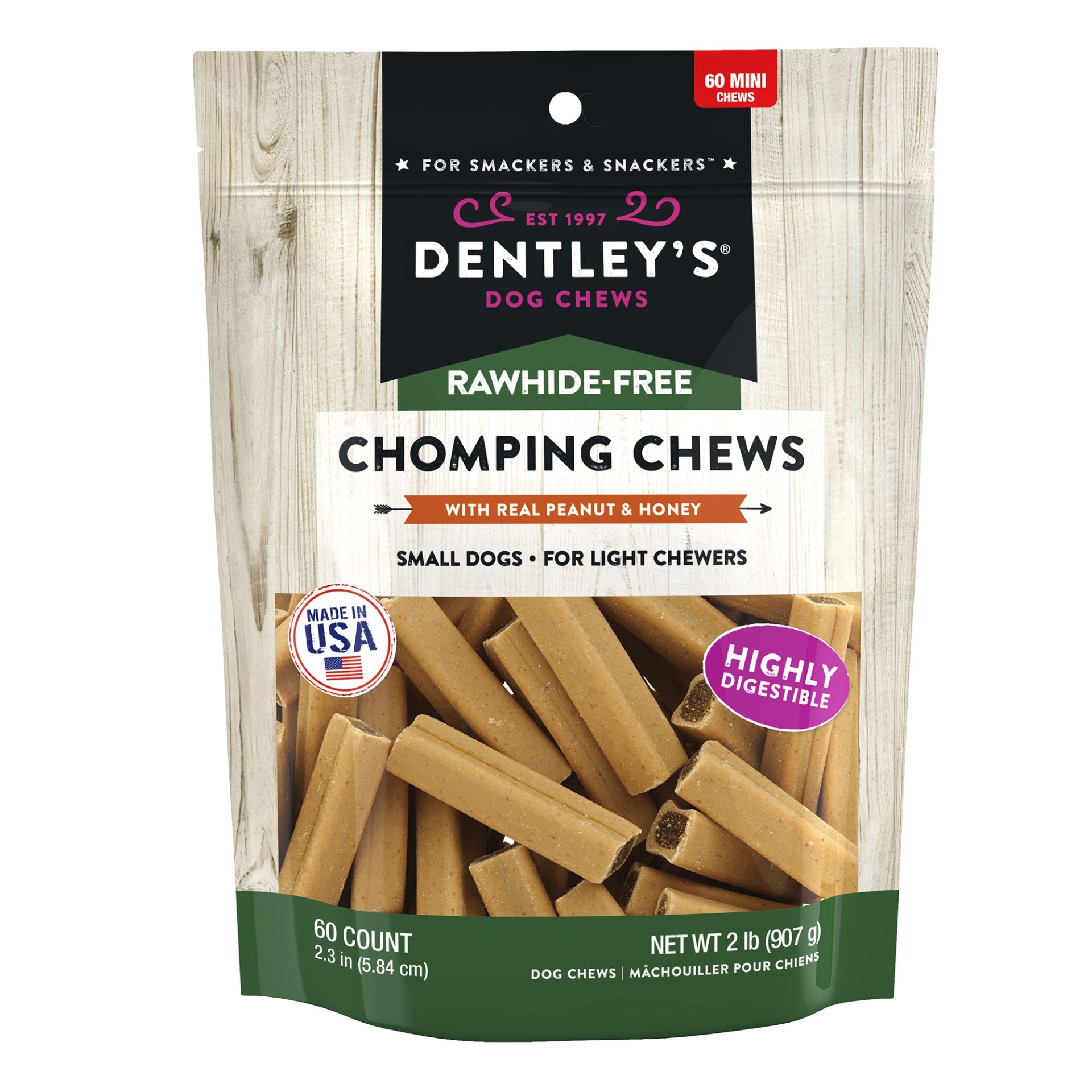 slide 1 of 1, Dentley's Rawhide-Free Mini Chomping Chews Dog Chew - Peanut Butter, 60 ct
