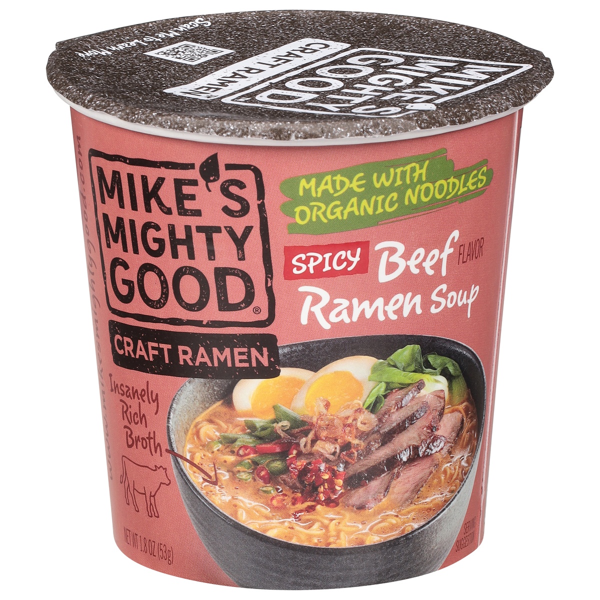 slide 1 of 1, Mike's Mighty Good Spicy Beef Ramen Soup Cup, 1.8 oz