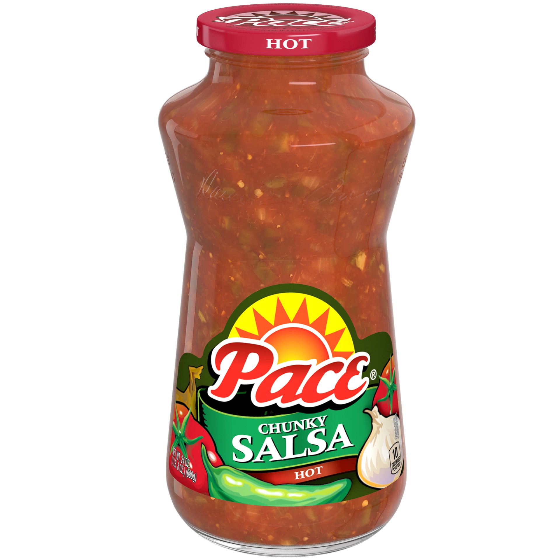 slide 1 of 3, Pace Chunky Salsa, Hot, 24 oz Jar, 24 oz