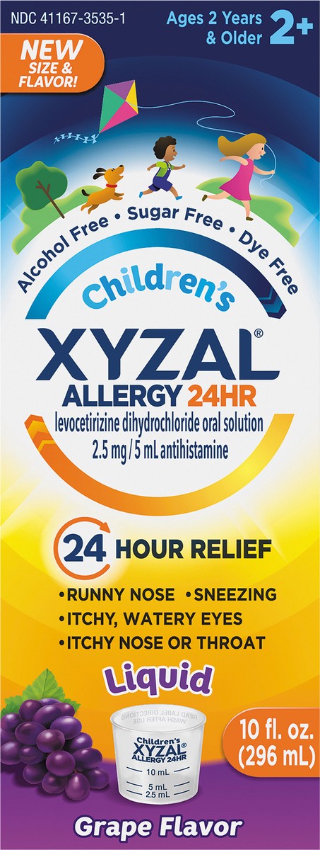 slide 3 of 7, Xyzal Children's 24 Hour Allergy Relief Medicine for Kids, Levocetirizine Dihydrochloride Liquid Antihistamine, Grape, 10 Fl. oz., 10 oz