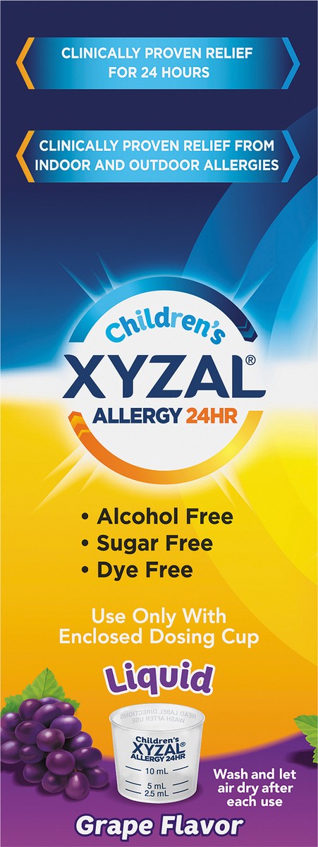 slide 2 of 7, Xyzal Children's 24 Hour Allergy Relief Medicine for Kids, Levocetirizine Dihydrochloride Liquid Antihistamine, Grape, 10 Fl. oz., 10 oz