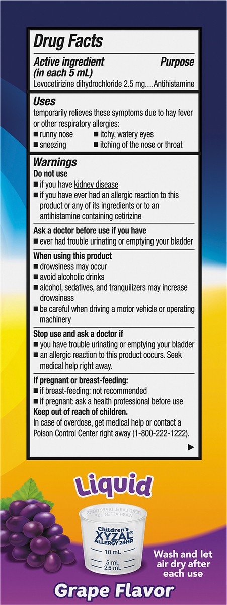 slide 4 of 7, Xyzal Children's 24 Hour Allergy Relief Medicine for Kids, Levocetirizine Dihydrochloride Liquid Antihistamine, Grape, 10 Fl. oz., 10 oz