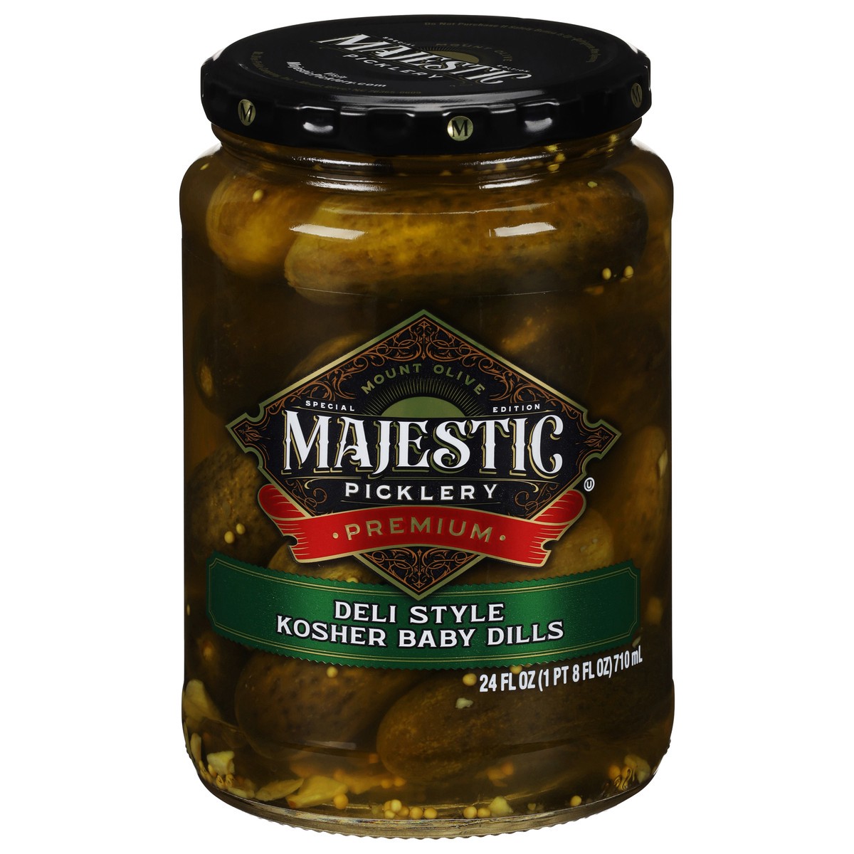 slide 1 of 9, Majestic Picklery Premium Deli Style Kosher Baby Dill Pickles - 24 fl oz jar, 24 fl oz