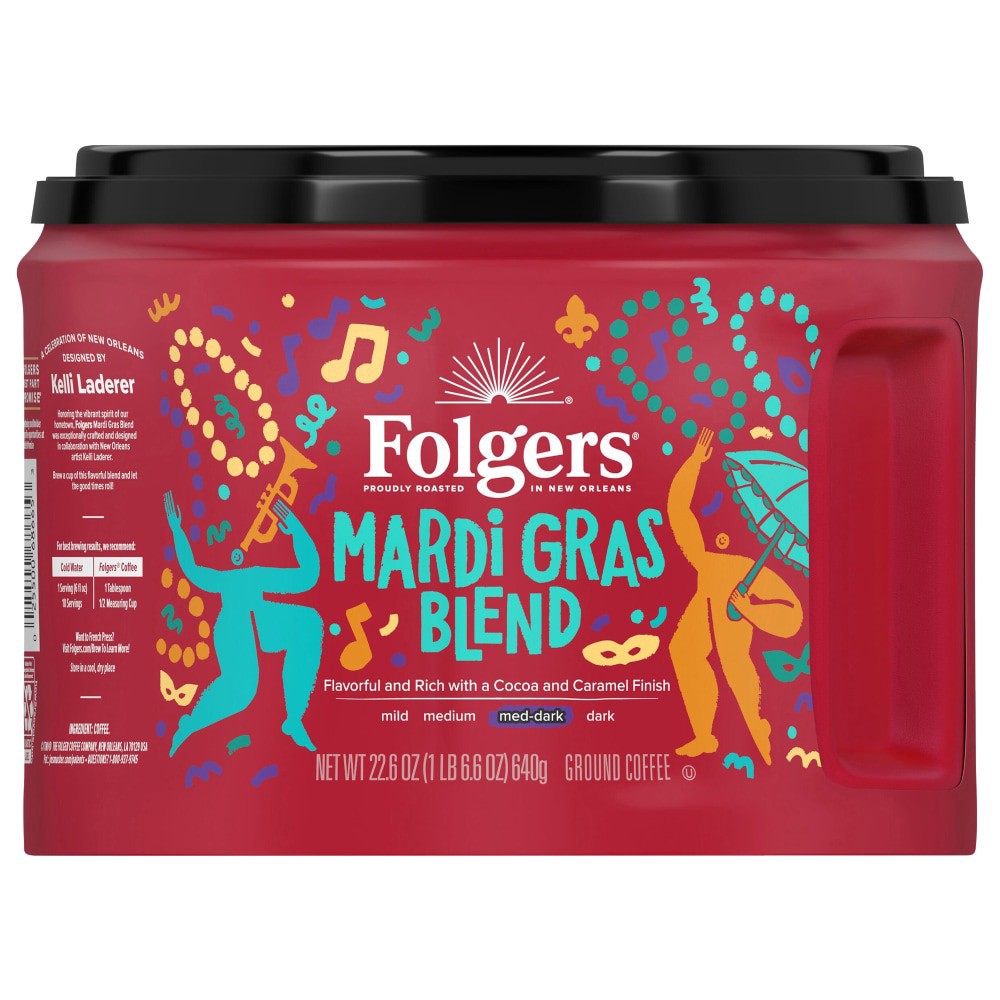 slide 2 of 3, Folgers Mardi Gras Blend Medium-Dark Roast Coffee, 22.6 oz. Canister, 22.6 oz