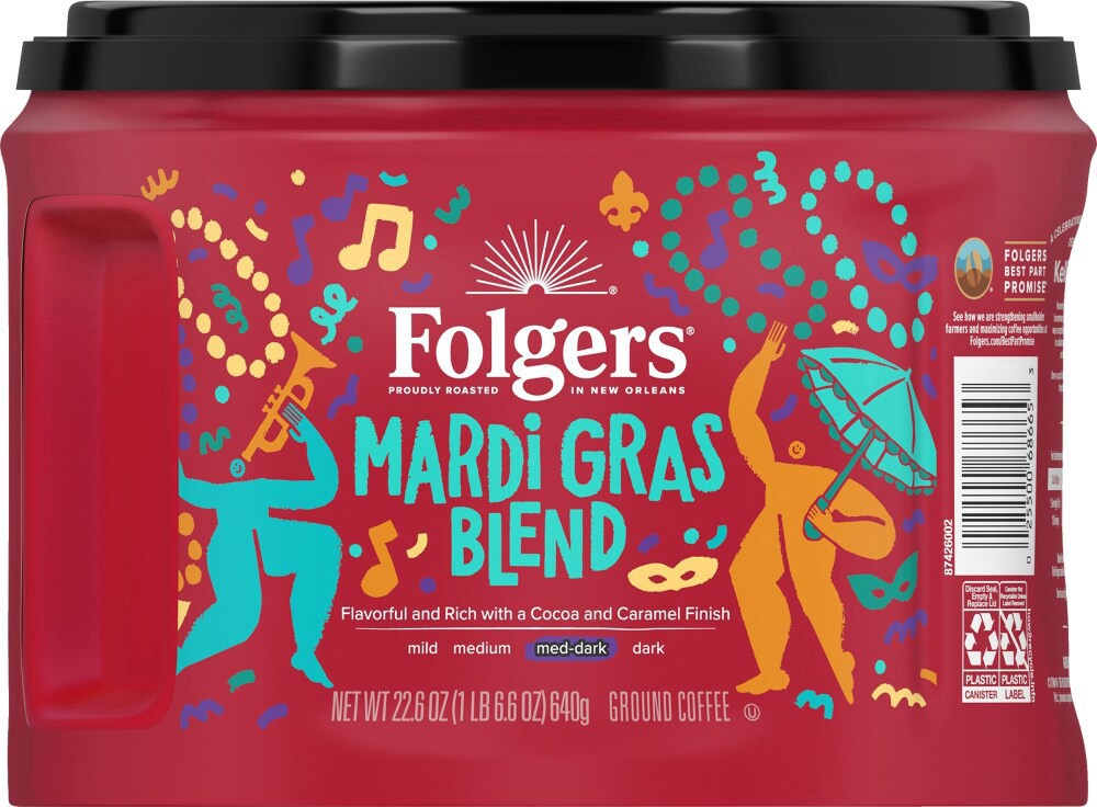 slide 3 of 3, Folgers Mardi Gras Blend Medium-Dark Roast Coffee, 22.6 oz. Canister, 22.6 oz