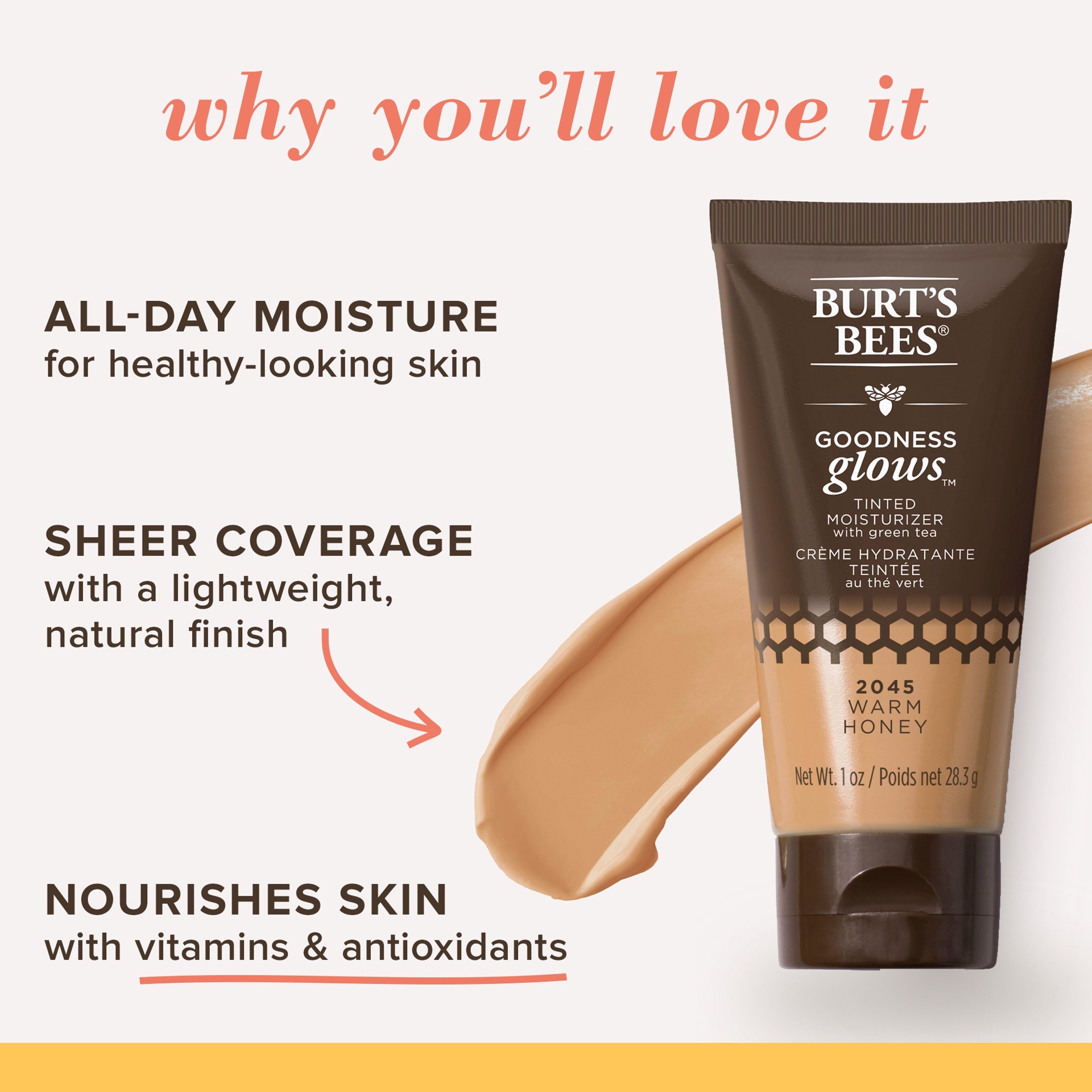 slide 5 of 5, Burt's Bees Goodness Glows™ Tinted Moisturizer, Rich in Antioxidants, Warm Honey – 1.0 Ounce, 1 oz