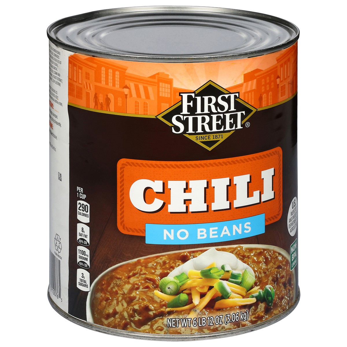 slide 4 of 4, First Street Chili No Beans, 108 oz